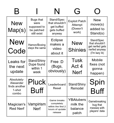 YBA Balance Changes Bingo! Bingo Card