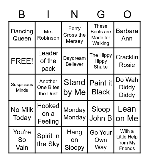 1960's Hits Bingo Card