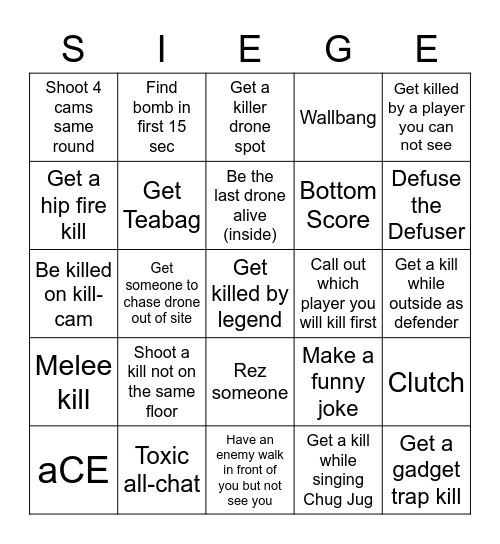 Siege Bingo Card