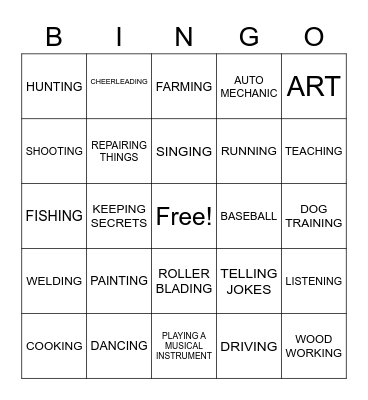 Talents and Abilities Bingo Card