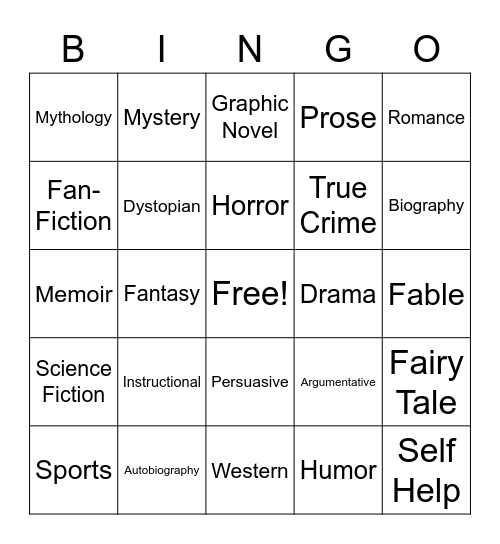 Genre Review Bingo Card