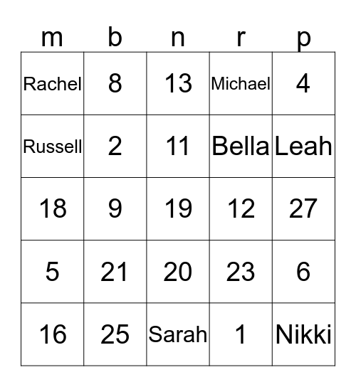 Buzz word jounior Bingo Card