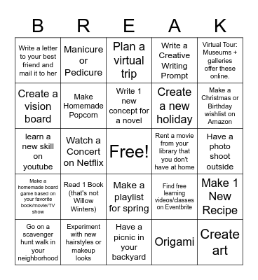 Nona's Spring Break Bingo Card
