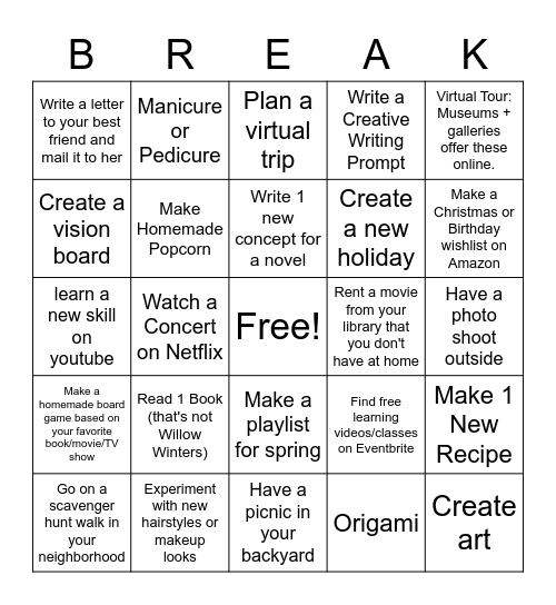 Nona's Spring Break Bingo Card