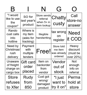 Customer Service Bingo Card