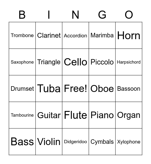 Instrument Bingo! Bingo Card