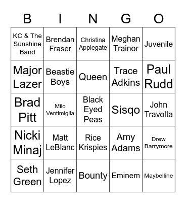 Celeb Commercials, Brands, Booty Bingo Card