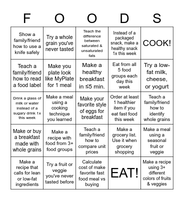 BINGO Nutrition Activity Card Bingo Card