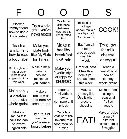 BINGO Nutrition Activity Card Bingo Card