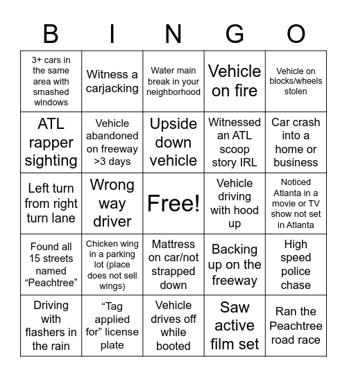 Atlanta Sights Bingo Card