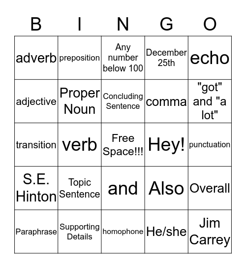 ELA Bingo Card