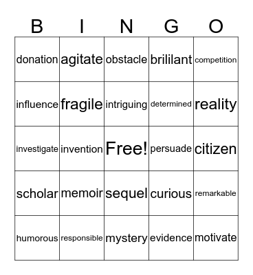 Vocabulary Bingo Card