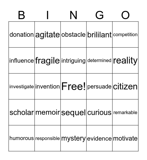 Vocabulary Bingo Card