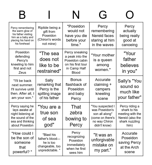 Percy/Poseidon (and Poseidon related) TLT moments Bingo Card