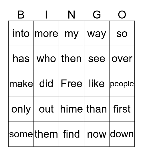 Spelling Words Bings Bingo Card