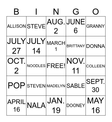 F A M I L Y  B I N G O Bingo Card