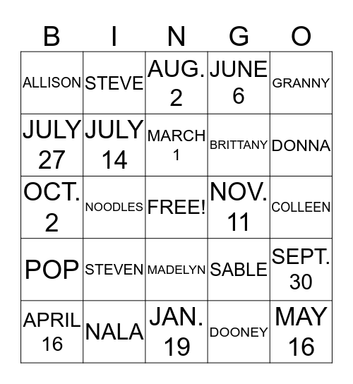 F A M I L Y  B I N G O Bingo Card