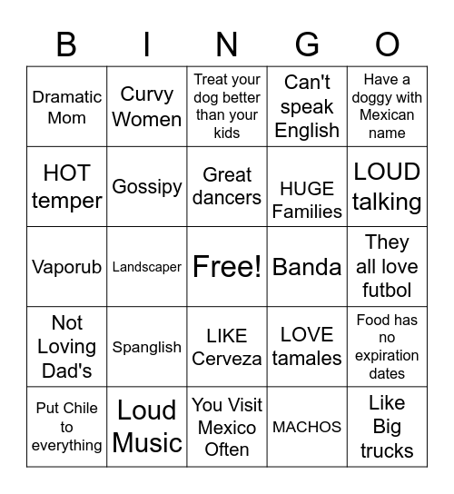 MeXican Stereotypes In Movies and TV Shows Bingo Card