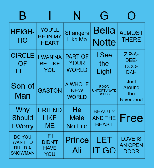 DISNEY SONGS Bingo Card