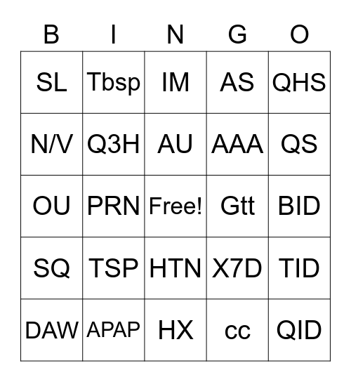 Pharmacy SIG Codes Bingo Card