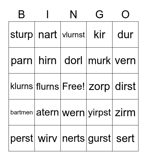 R Controlled Nonsense Words Bingo Card
