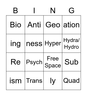Prefix / Suffix Bingo Card