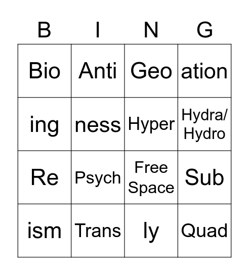 Prefix / Suffix Bingo Card