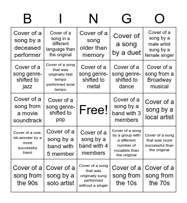 Cover Songs Bingo Card