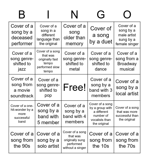 Cover Songs Bingo Card