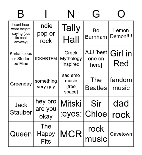 spotify shuffle Bingo Card
