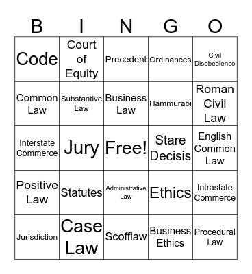 Business Law: Chapter 1 Bingo Card