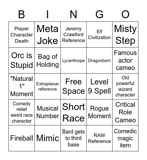 DnD Movie Bingo Card Bingo Card