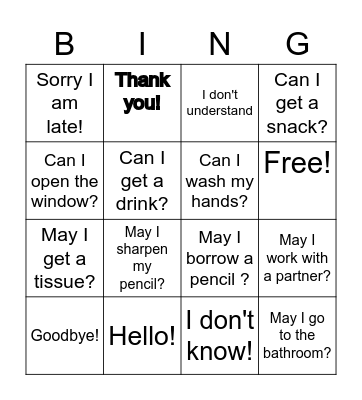 Classroom Language BINGO Card