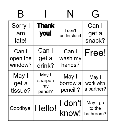 Classroom Language BINGO Card