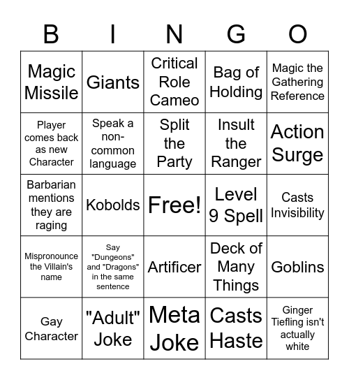 D&D Movie Bingo Card