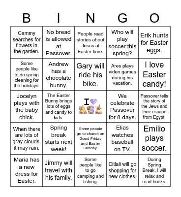 ASL Spring Break/Easter/Passover Bingo Card