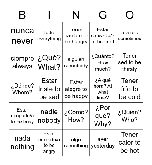 Unit 5_Spanish 1-2_p. 284-5 Bingo Card