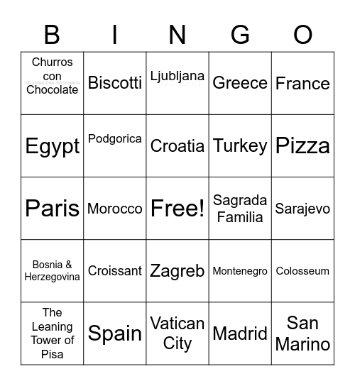 Mediterranean Cruise Bingo Card