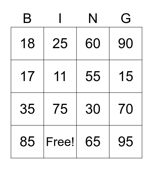 Numbers to 100 Bingo Card