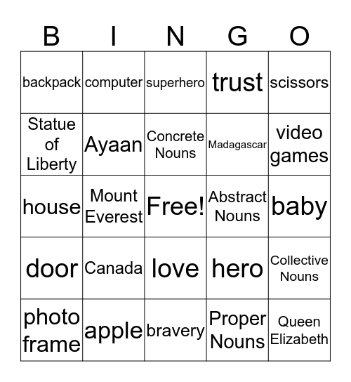 Types of Nouns Bingo Card