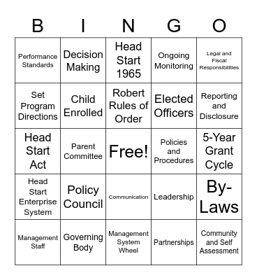 Head Start Governance Bingo Card