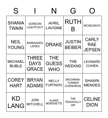802 FAMOUS CANADIAN MUSICIANS Bingo Card