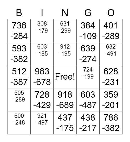 3 Digit Subtraction Bingo Card