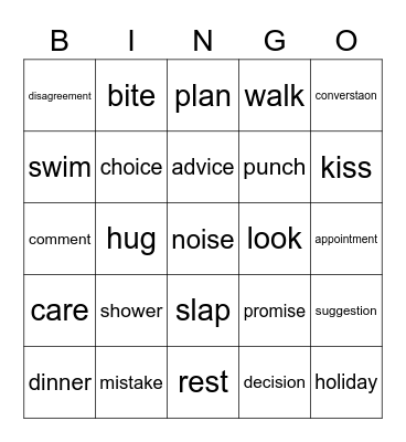 have, take, make and give Bingo Card