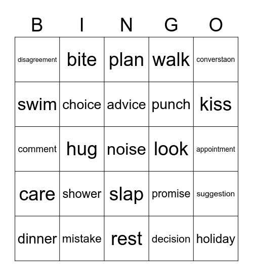 have, take, make and give Bingo Card