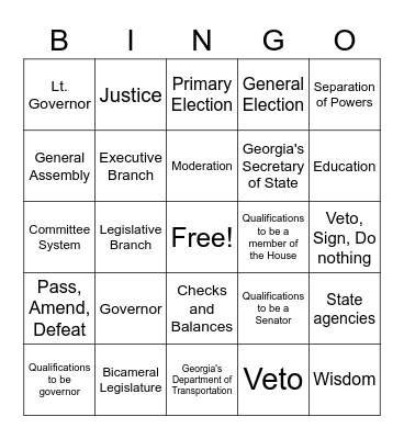 Government: Constitution, Legislative, Executive Bingo Card