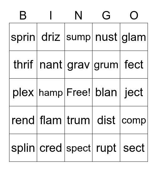 Detached Syllables with Blends Bingo Card