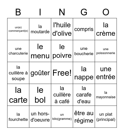 Vocabulaire 9B Bingo Card