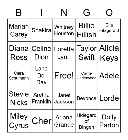 Women In Music Bingo Card
