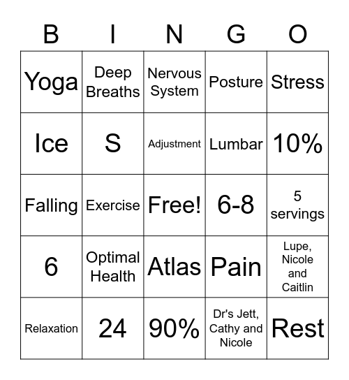 Chiropractic Bingo Card